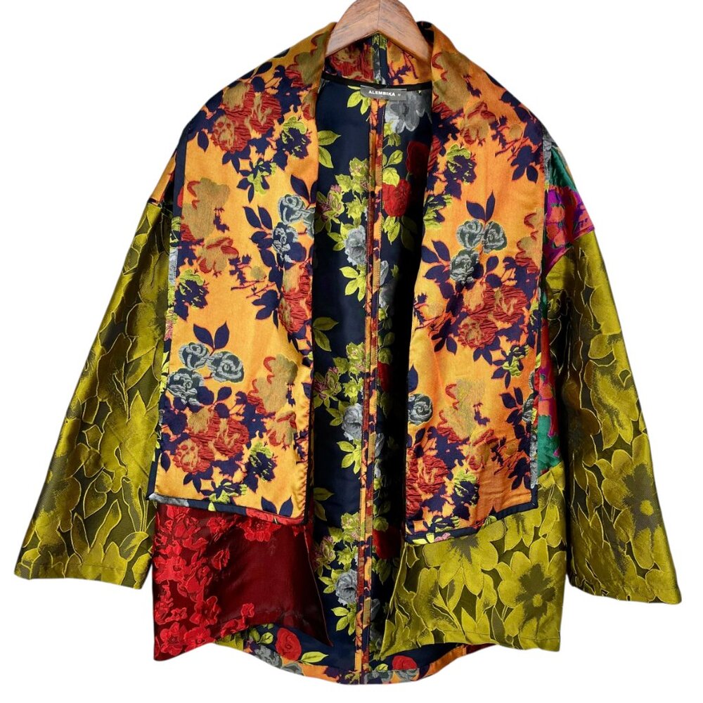 Alembika Floral Patchwork Kimono Jacket Brocade Jacquard Art to Wear Boho Luxe M - Picture 2 of 13